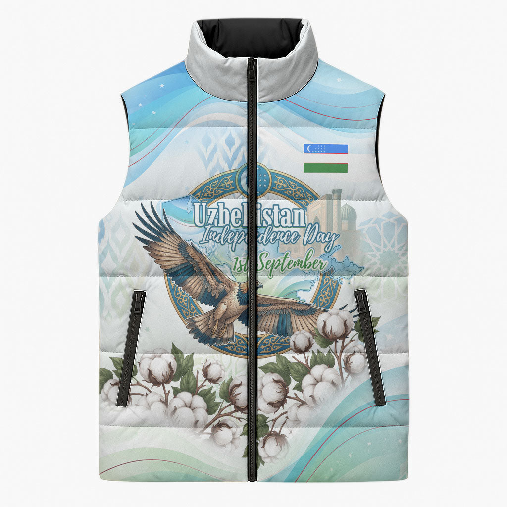 Uzbekistan Independence Day Sleeveless Puffer Jacket Honor The Legacy Flying Eagle Plants National Emblem