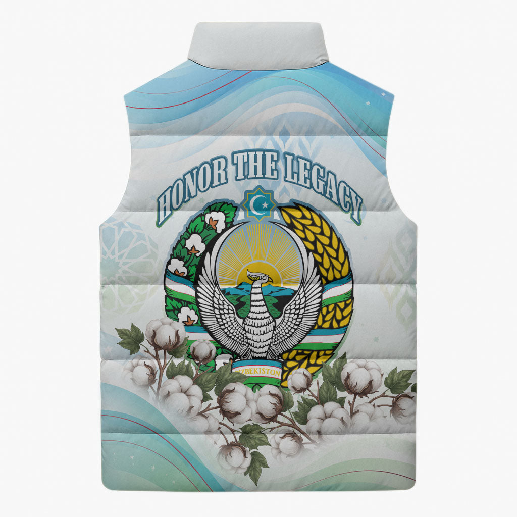 Uzbekistan Independence Day Sleeveless Puffer Jacket Honor The Legacy Flying Eagle Plants National Emblem