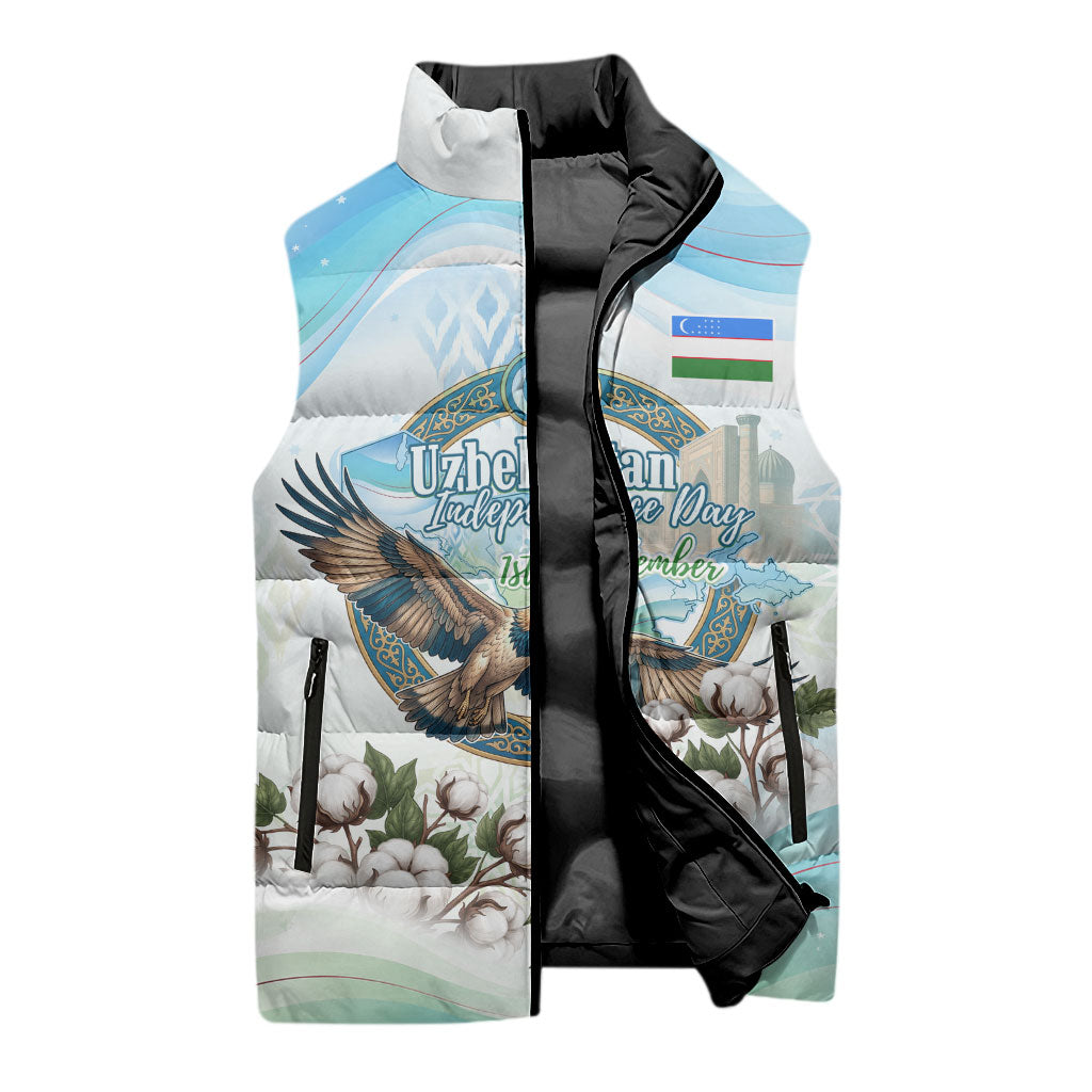 Uzbekistan Independence Day Sleeveless Puffer Jacket Honor The Legacy Flying Eagle Plants National Emblem