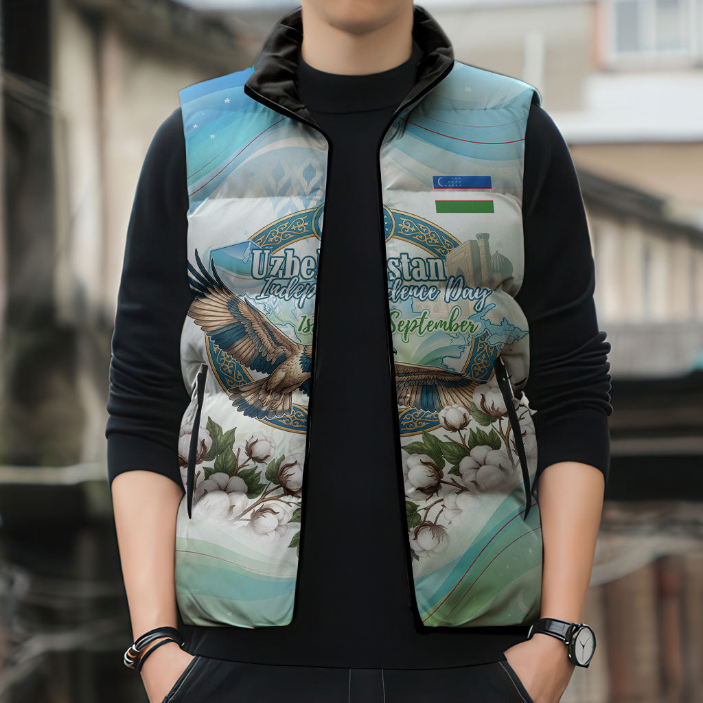 Uzbekistan Independence Day Sleeveless Puffer Jacket Honor The Legacy Flying Eagle Plants National Emblem