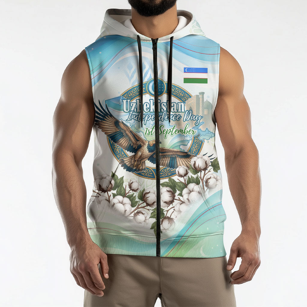 Uzbekistan Independence Day Sleeveless Zip Hoodie Honor The Legacy Flying Eagle Plants National Emblem