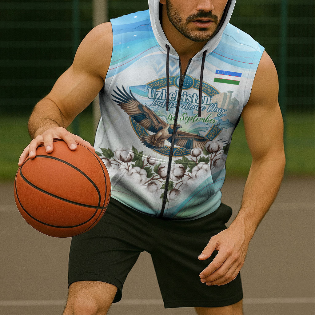 Uzbekistan Independence Day Sleeveless Zip Hoodie Honor The Legacy Flying Eagle Plants National Emblem