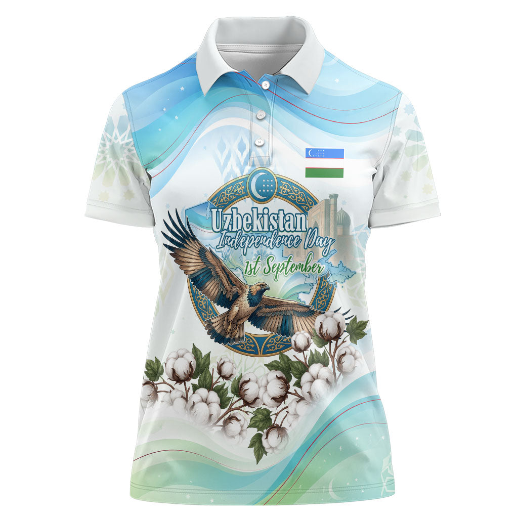 Uzbekistan Independence Day Women Polo Shirt Honor The Legacy Flying Eagle Plants National Emblem