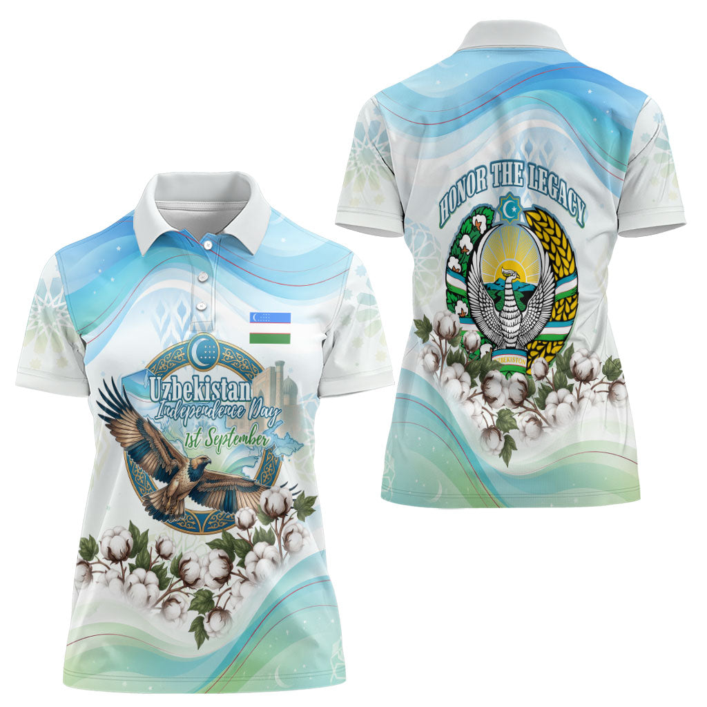 Uzbekistan Independence Day Women Polo Shirt Honor The Legacy Flying Eagle Plants National Emblem