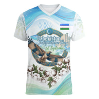 Uzbekistan Independence Day Women V-Neck T-Shirt Honor The Legacy Flying Eagle Plants National Emblem