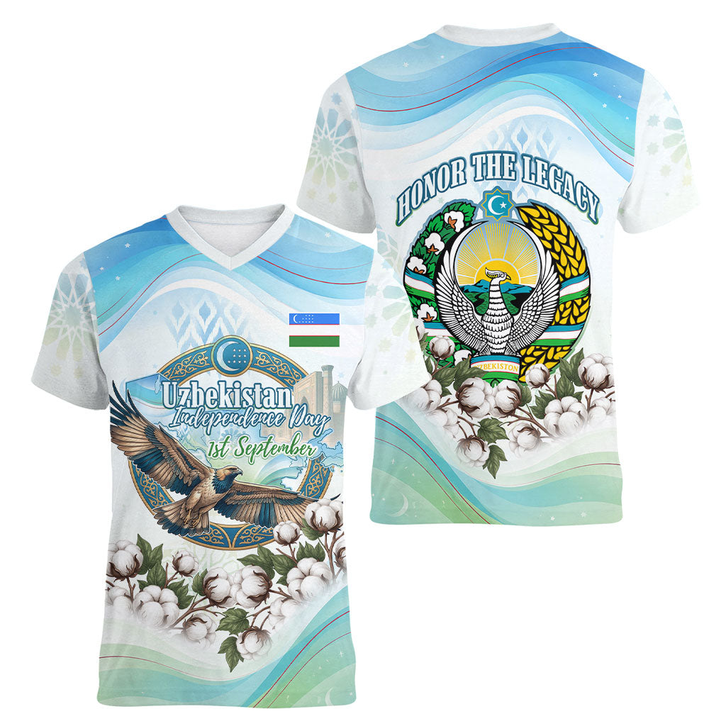 Uzbekistan Independence Day Women V-Neck T-Shirt Honor The Legacy Flying Eagle Plants National Emblem