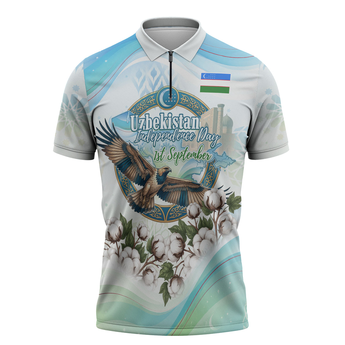 Uzbekistan Independence Day Zipper Polo Shirt Honor The Legacy Flying Eagle Plants National Emblem