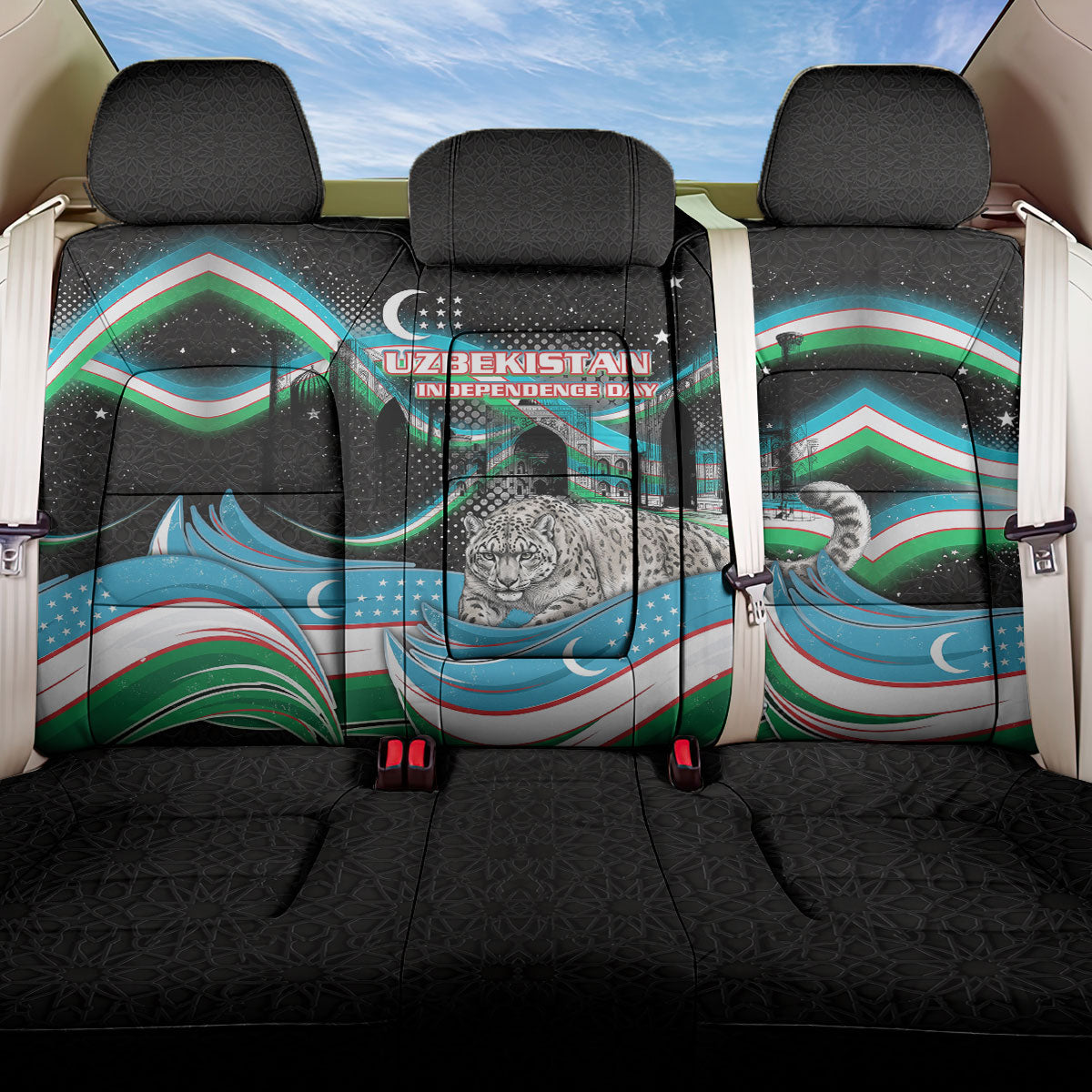 Uzbekistan Independence Day Back Car Seat Cover Freedom Snow Leopard Minaret Architecture Flag