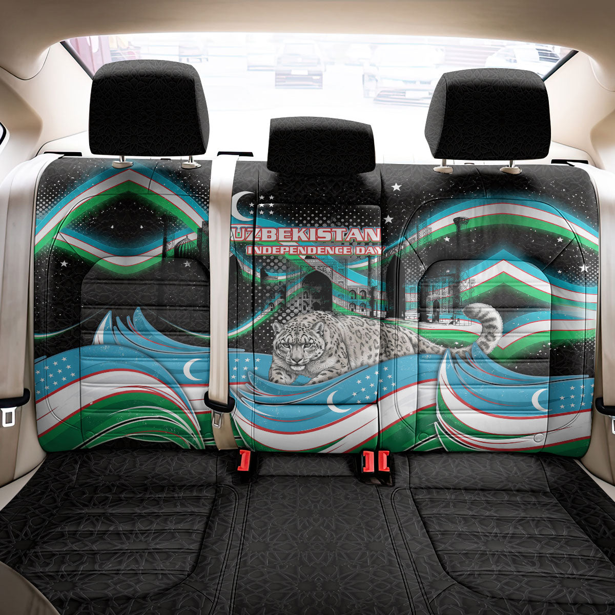 Uzbekistan Independence Day Back Car Seat Cover Freedom Snow Leopard Minaret Architecture Flag