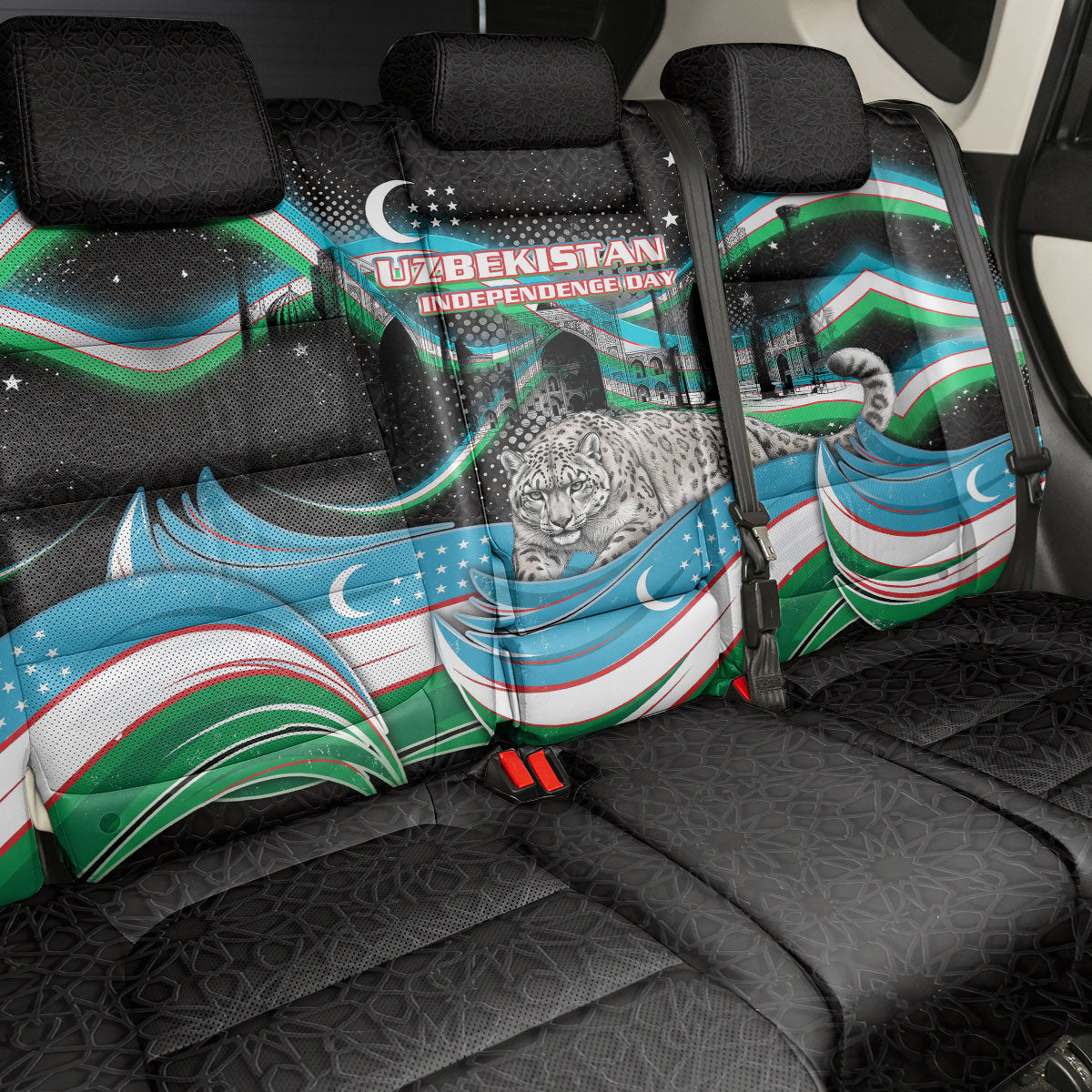 Uzbekistan Independence Day Back Car Seat Cover Freedom Snow Leopard Minaret Architecture Flag