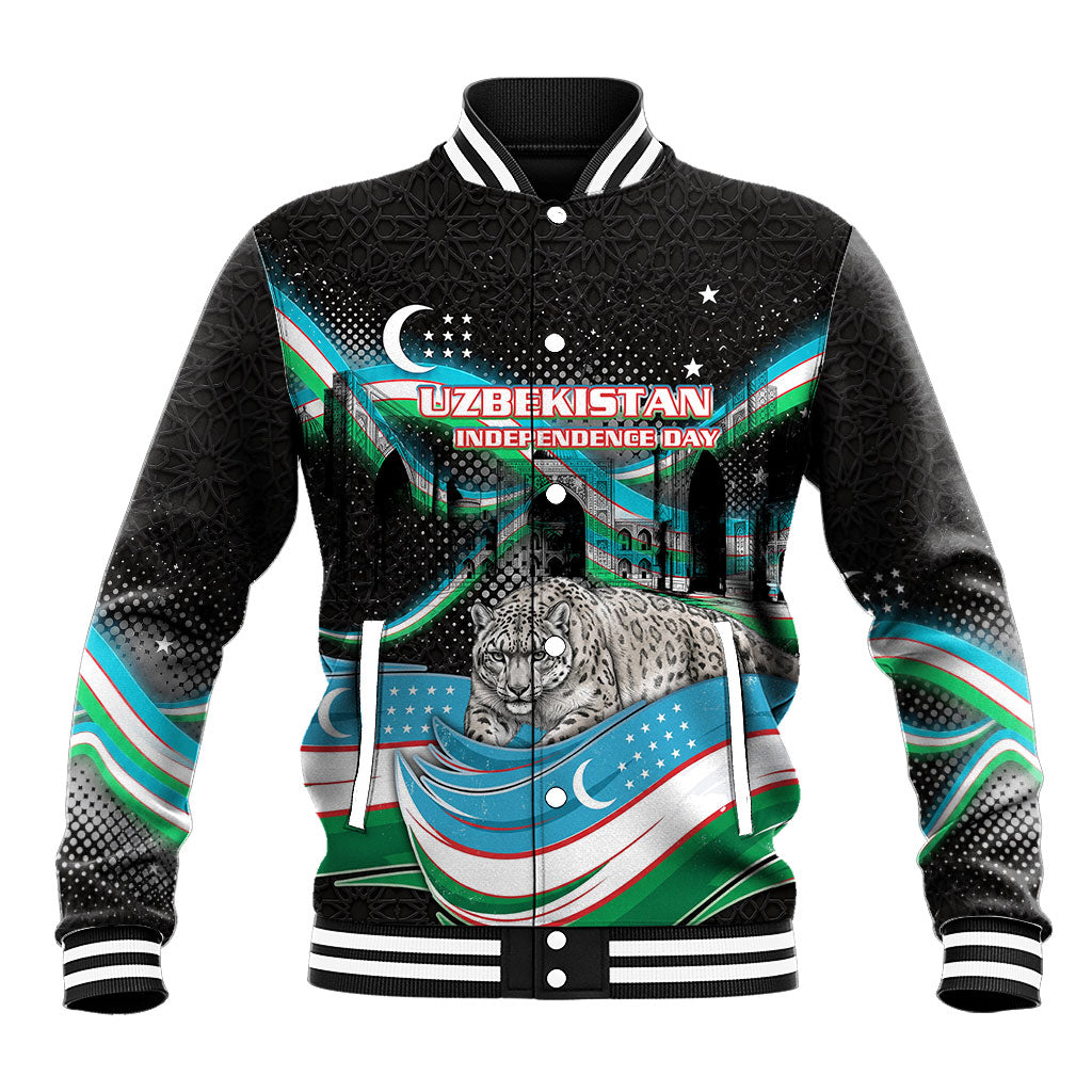 Uzbekistan Independence Day Baseball Jacket Freedom Snow Leopard Minaret Architecture Flag