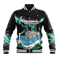 Uzbekistan Independence Day Baseball Jacket Freedom Snow Leopard Minaret Architecture Flag