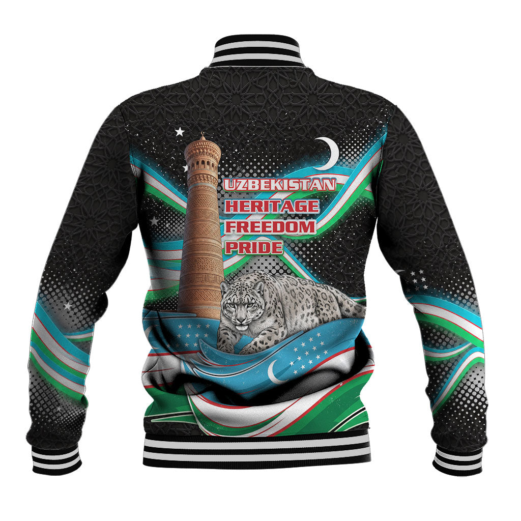 Uzbekistan Independence Day Baseball Jacket Freedom Snow Leopard Minaret Architecture Flag
