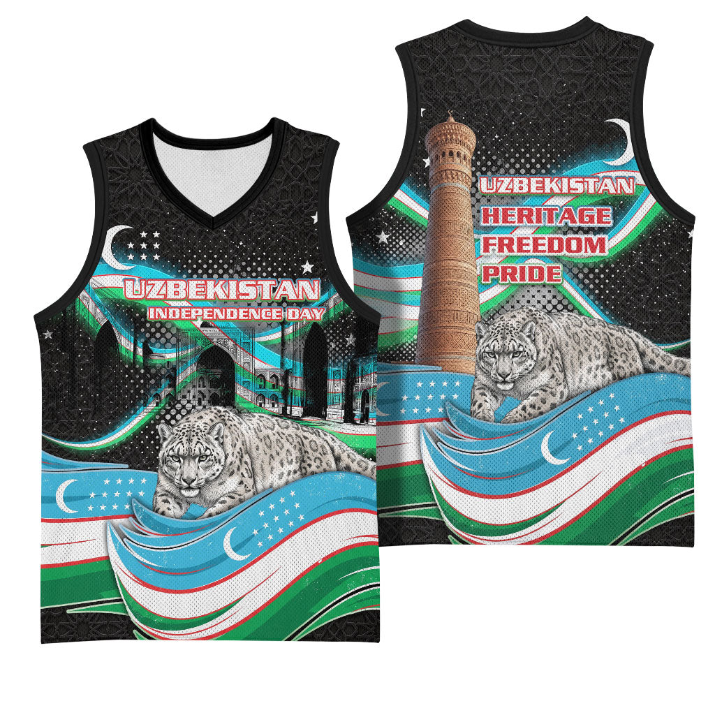 Uzbekistan Independence Day Basketball Jersey Freedom Snow Leopard Minaret Architecture Flag