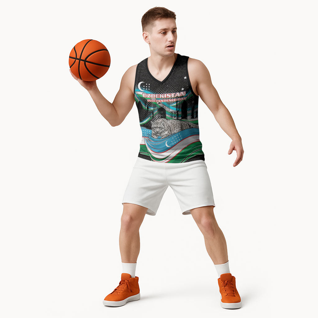 Uzbekistan Independence Day Basketball Jersey Freedom Snow Leopard Minaret Architecture Flag
