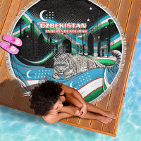 Uzbekistan Independence Day Beach Blanket Freedom Snow Leopard Minaret Architecture Flag