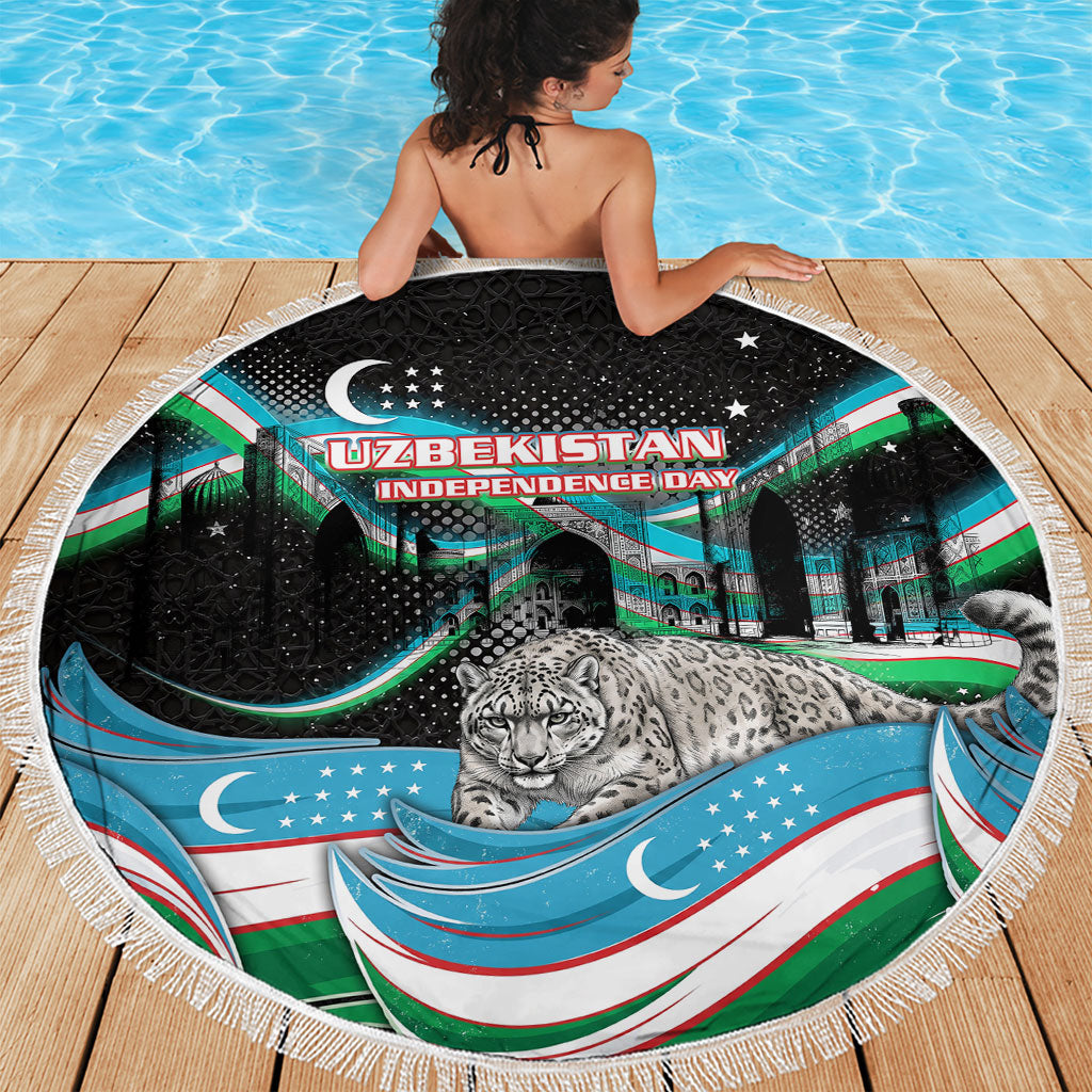 Uzbekistan Independence Day Beach Blanket Freedom Snow Leopard Minaret Architecture Flag