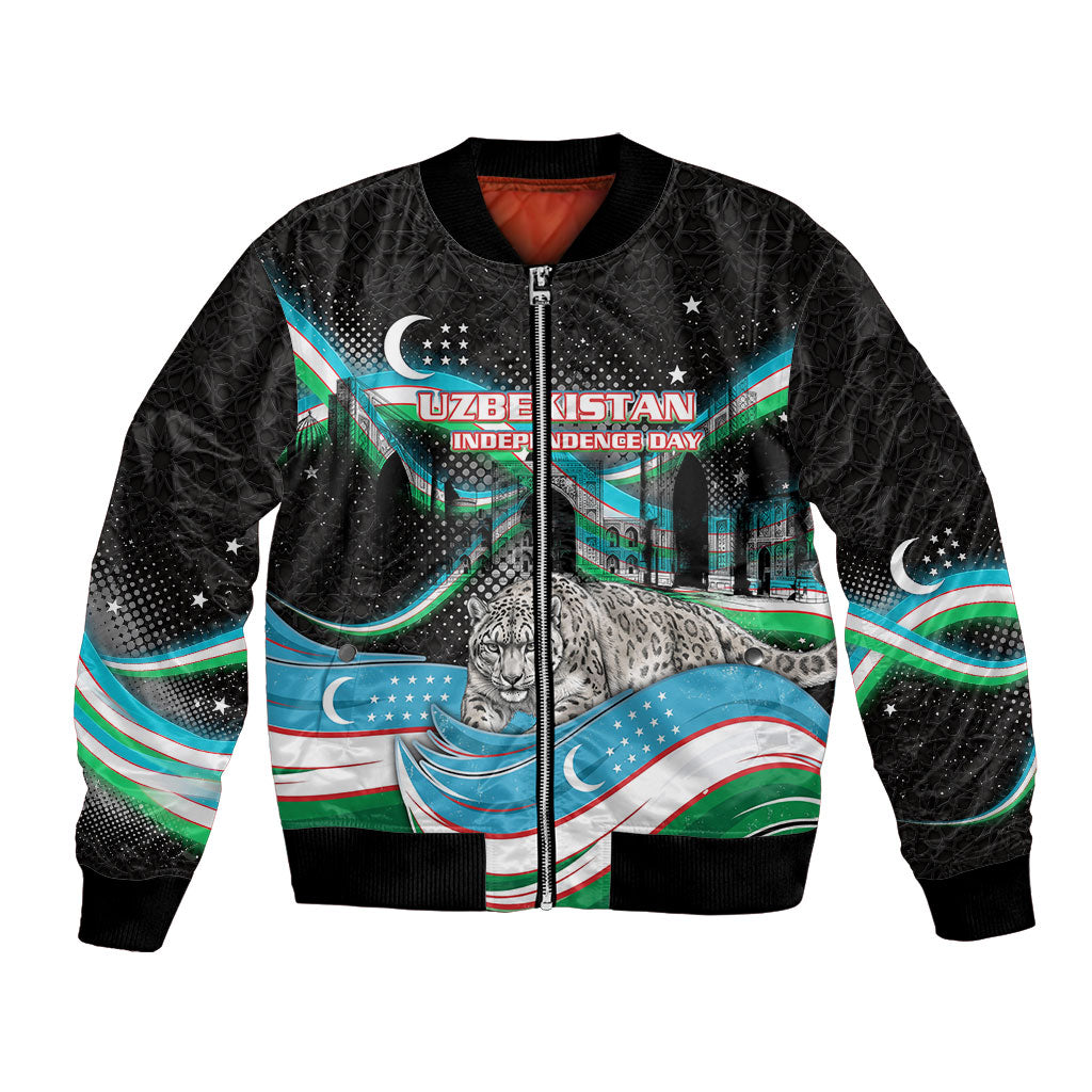 Uzbekistan Independence Day Bomber Jacket Freedom Snow Leopard Minaret Architecture Flag