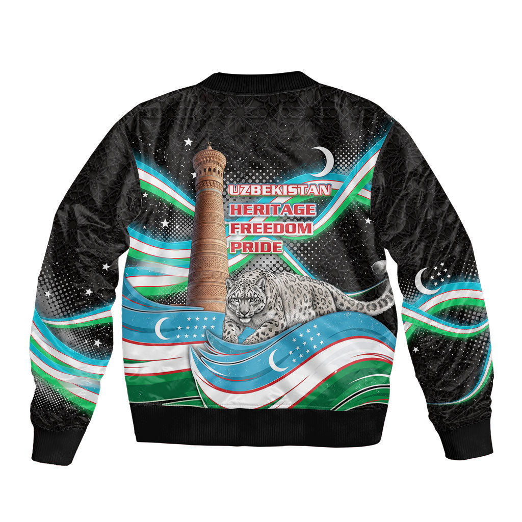 Uzbekistan Independence Day Bomber Jacket Freedom Snow Leopard Minaret Architecture Flag