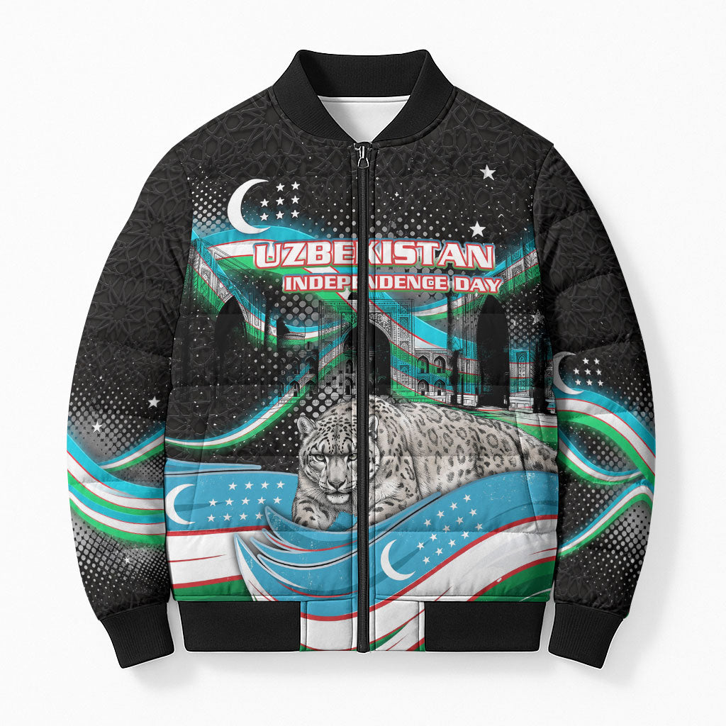 Uzbekistan Independence Day Bomber Puffer Jacket Freedom Snow Leopard Minaret Architecture Flag