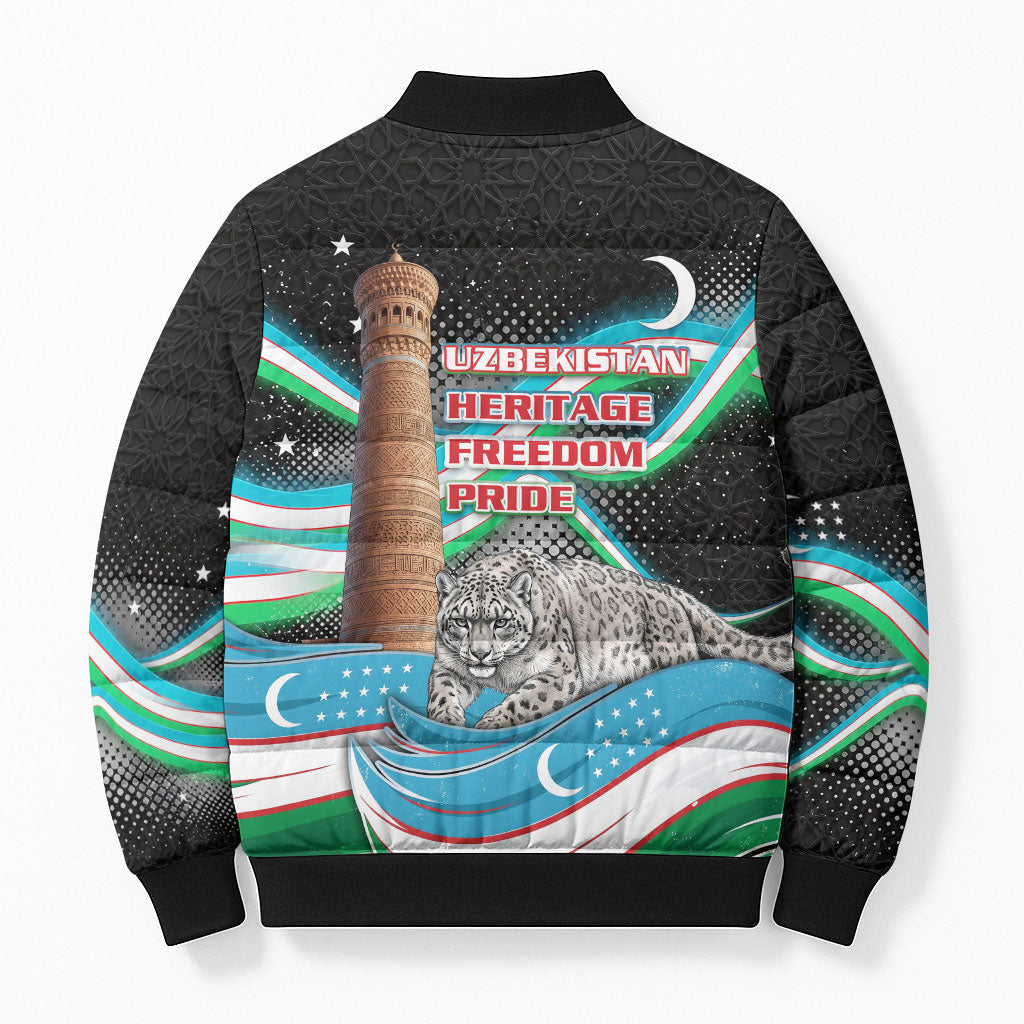 Uzbekistan Independence Day Bomber Puffer Jacket Freedom Snow Leopard Minaret Architecture Flag