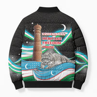 Uzbekistan Independence Day Bomber Puffer Jacket Freedom Snow Leopard Minaret Architecture Flag