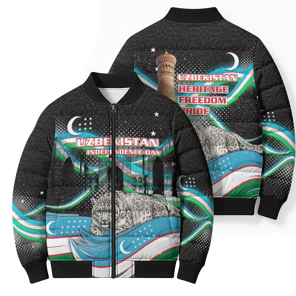 Uzbekistan Independence Day Bomber Puffer Jacket Freedom Snow Leopard Minaret Architecture Flag