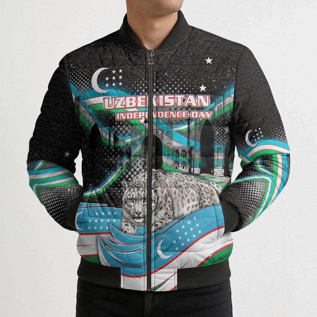 Uzbekistan Independence Day Bomber Puffer Jacket Freedom Snow Leopard Minaret Architecture Flag