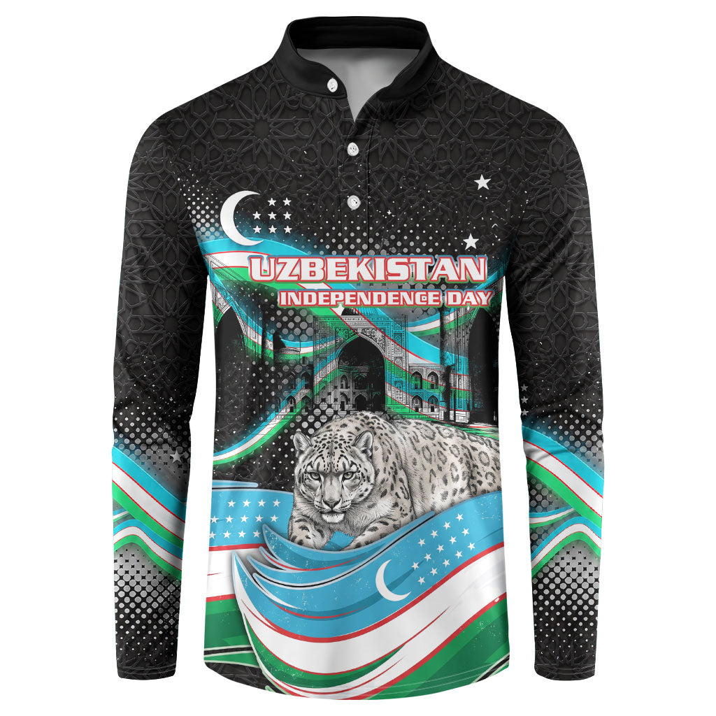 Uzbekistan Independence Day Button Sweatshirt Freedom Snow Leopard Minaret Architecture Flag
