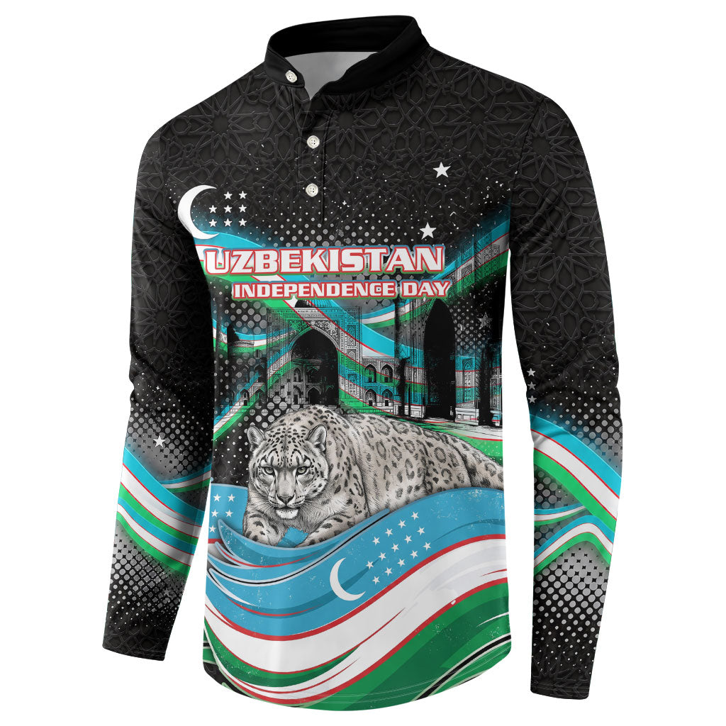 Uzbekistan Independence Day Button Sweatshirt Freedom Snow Leopard Minaret Architecture Flag