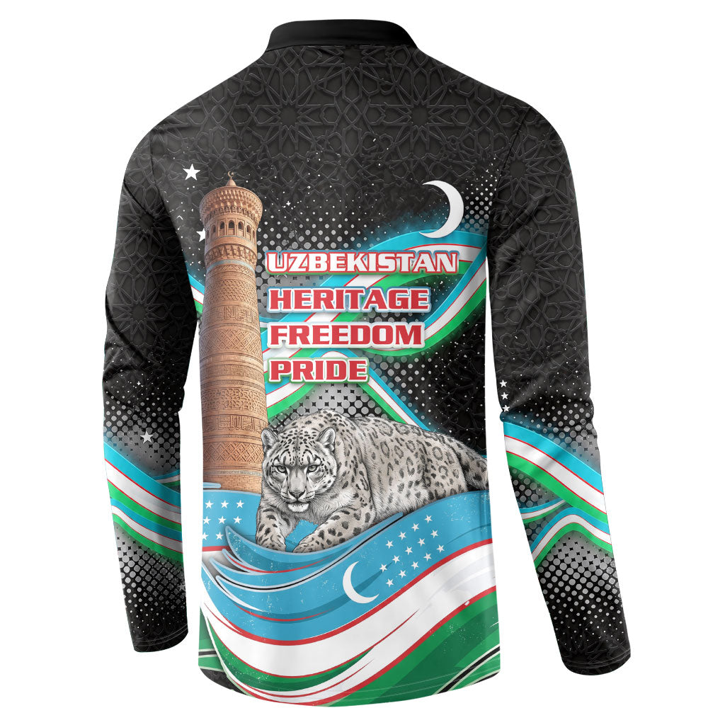 Uzbekistan Independence Day Button Sweatshirt Freedom Snow Leopard Minaret Architecture Flag