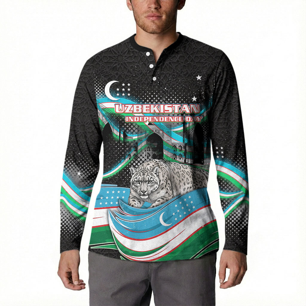 Uzbekistan Independence Day Button Sweatshirt Freedom Snow Leopard Minaret Architecture Flag