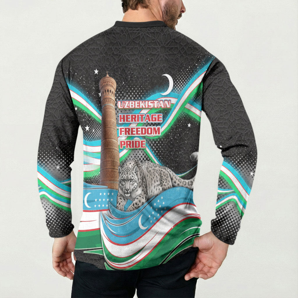 Uzbekistan Independence Day Button Sweatshirt Freedom Snow Leopard Minaret Architecture Flag