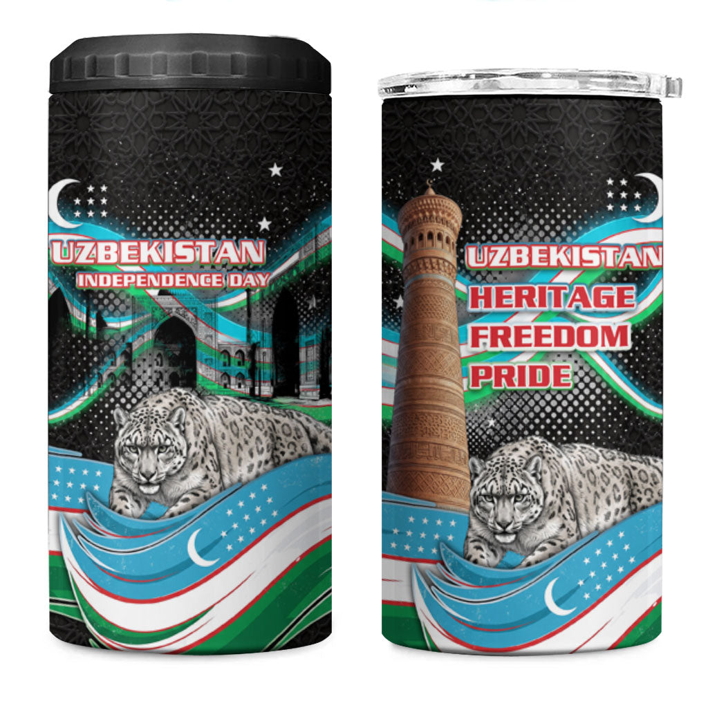 Uzbekistan Independence Day 4 in 1 Can Cooler Tumbler Freedom Snow Leopard Minaret Architecture Flag