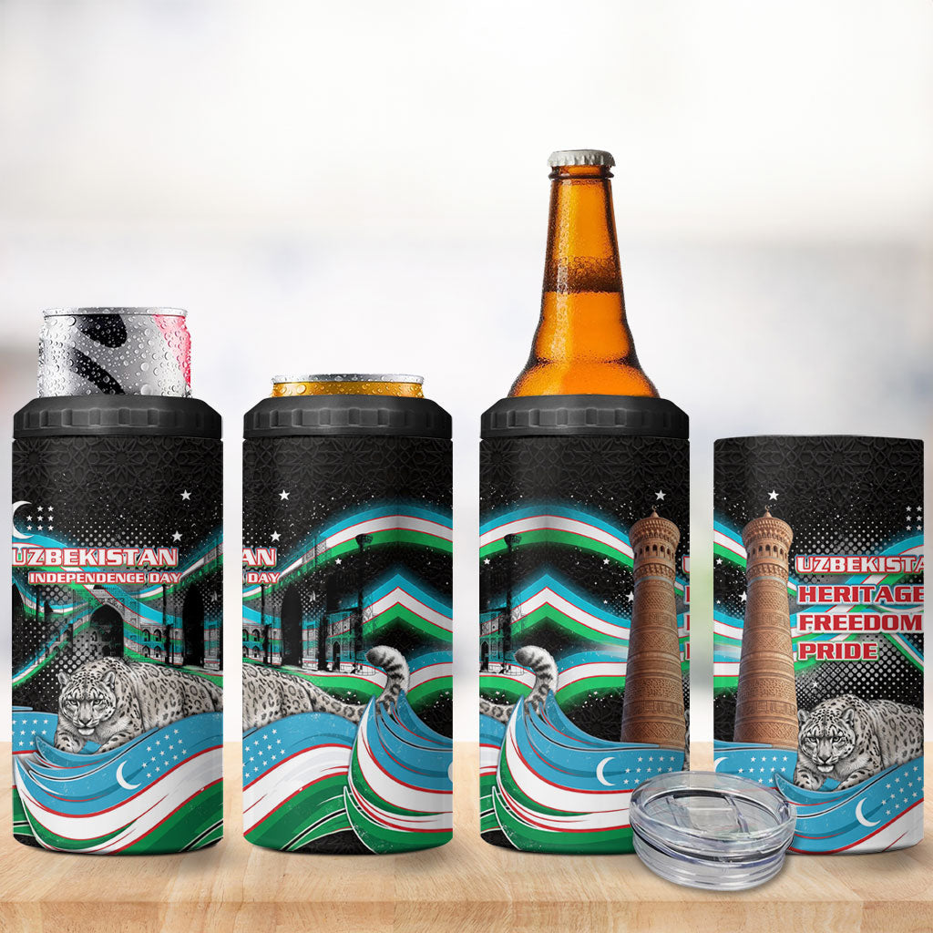 Uzbekistan Independence Day 4 in 1 Can Cooler Tumbler Freedom Snow Leopard Minaret Architecture Flag