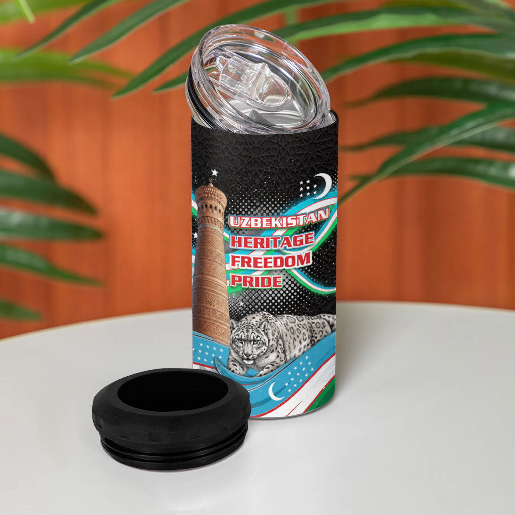 Uzbekistan Independence Day 4 in 1 Can Cooler Tumbler Freedom Snow Leopard Minaret Architecture Flag