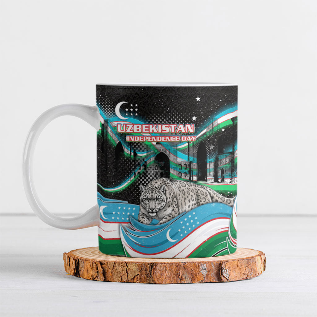 Uzbekistan Independence Day Ceramic Mug Freedom Snow Leopard Minaret Architecture Flag