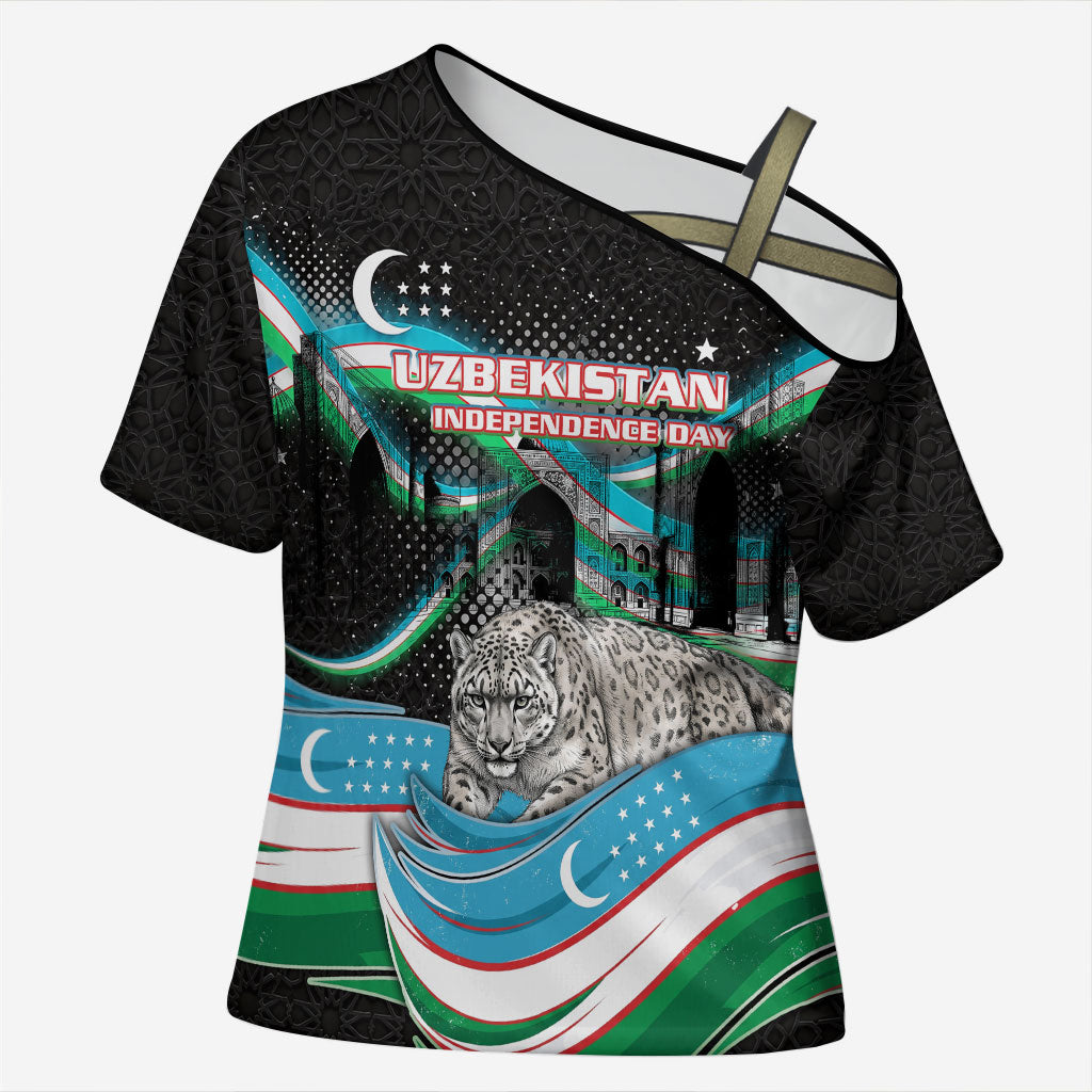 Uzbekistan Independence Day Cross Shoulder Shirt Freedom Snow Leopard Minaret Architecture Flag
