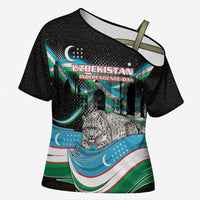 Uzbekistan Independence Day Cross Shoulder Shirt Freedom Snow Leopard Minaret Architecture Flag