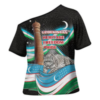 Uzbekistan Independence Day Cross Shoulder Shirt Freedom Snow Leopard Minaret Architecture Flag