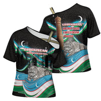 Uzbekistan Independence Day Cross Shoulder Shirt Freedom Snow Leopard Minaret Architecture Flag