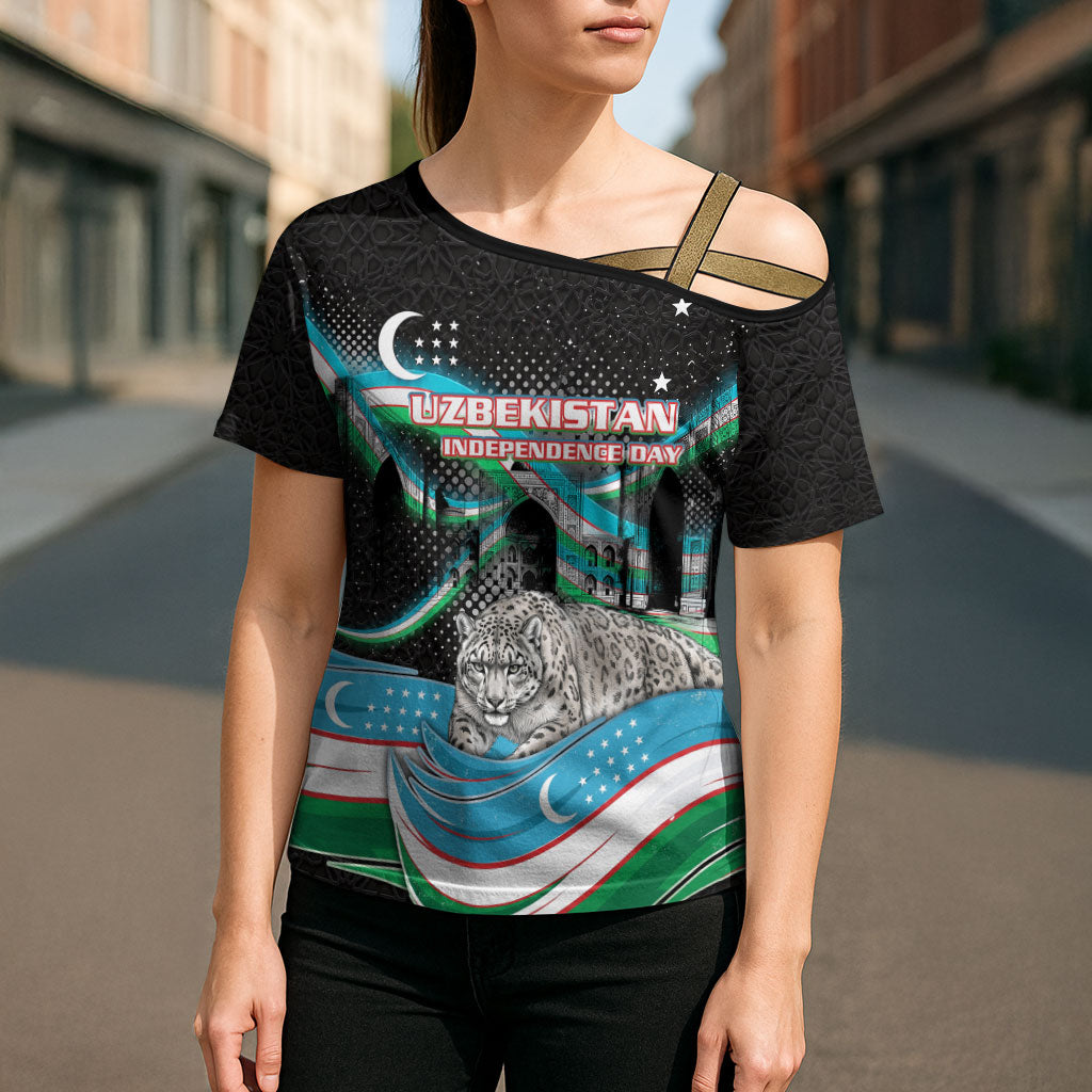 Uzbekistan Independence Day Cross Shoulder Shirt Freedom Snow Leopard Minaret Architecture Flag