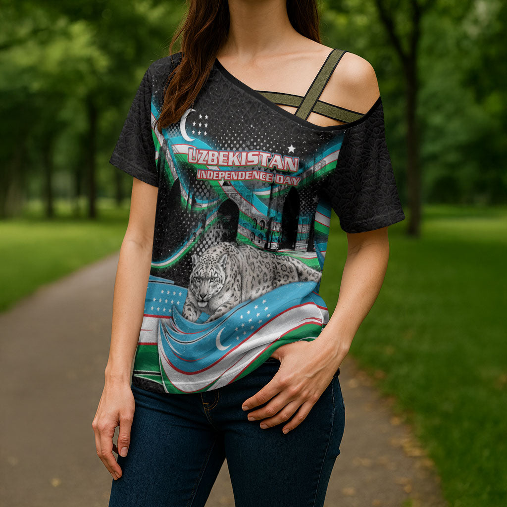 Uzbekistan Independence Day Cross Shoulder Shirt Freedom Snow Leopard Minaret Architecture Flag
