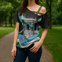 Uzbekistan Independence Day Cross Shoulder Shirt Freedom Snow Leopard Minaret Architecture Flag