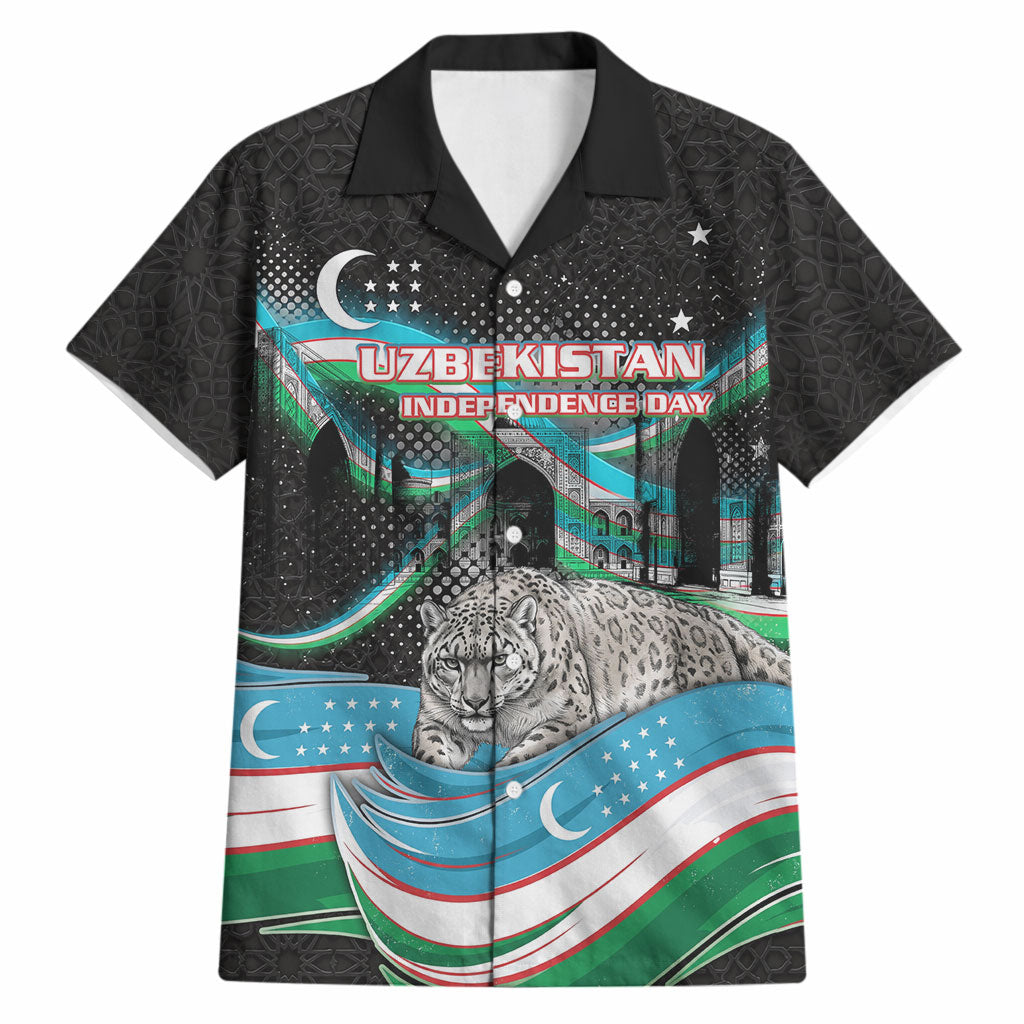 Uzbekistan Independence Day Hawaiian Shirt Freedom Snow Leopard Minaret Architecture Flag