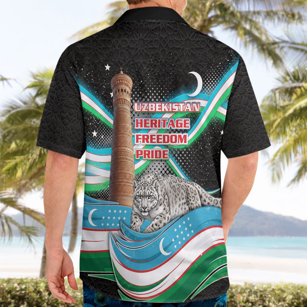 Uzbekistan Independence Day Hawaiian Shirt Freedom Snow Leopard Minaret Architecture Flag