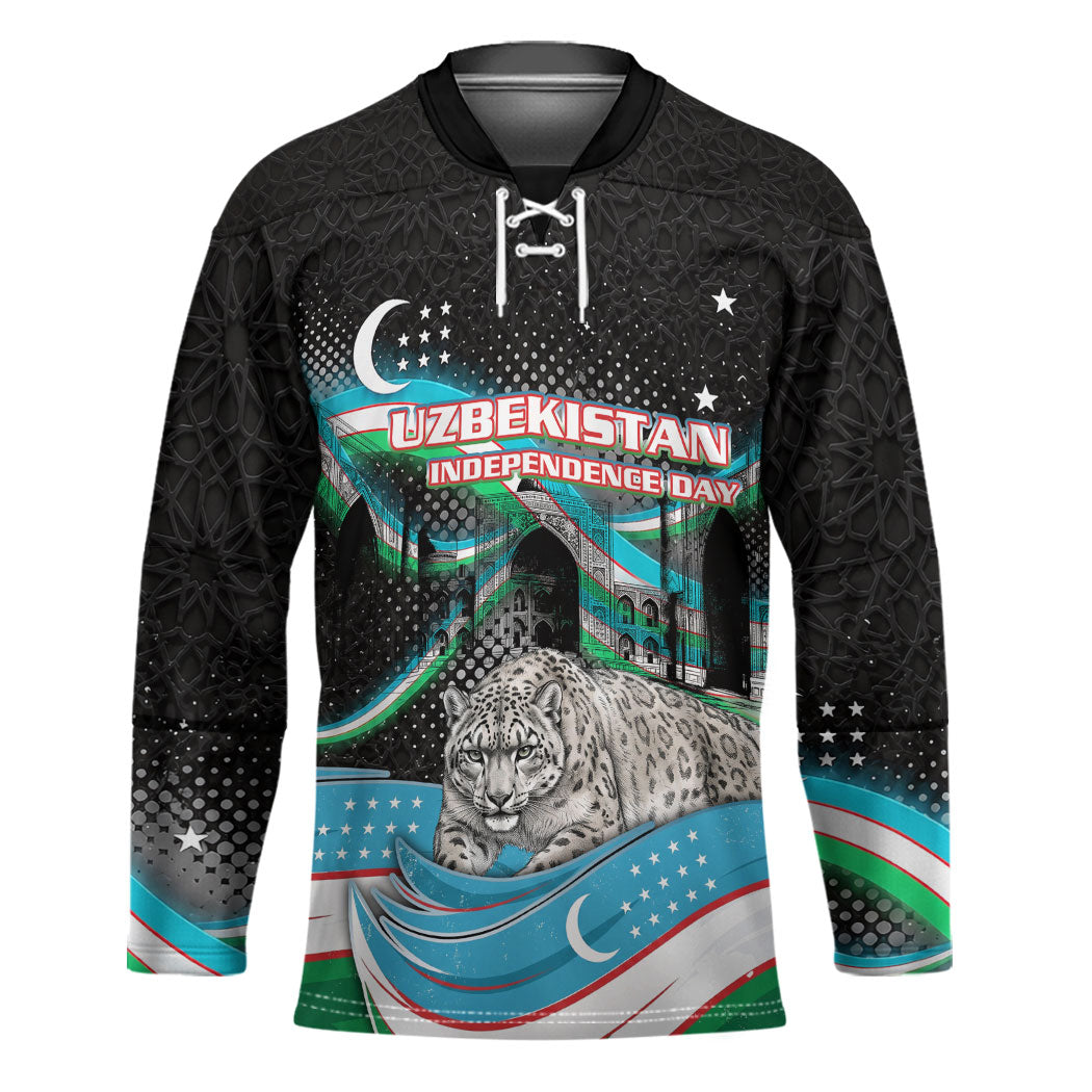 Uzbekistan Independence Day Hockey Jersey Freedom Snow Leopard Minaret Architecture Flag