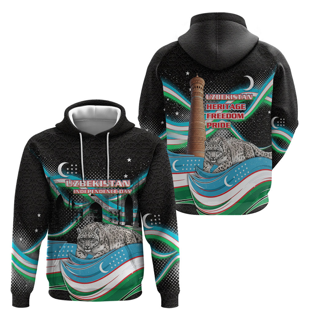 Uzbekistan Independence Day Hoodie Freedom Snow Leopard Minaret Architecture Flag