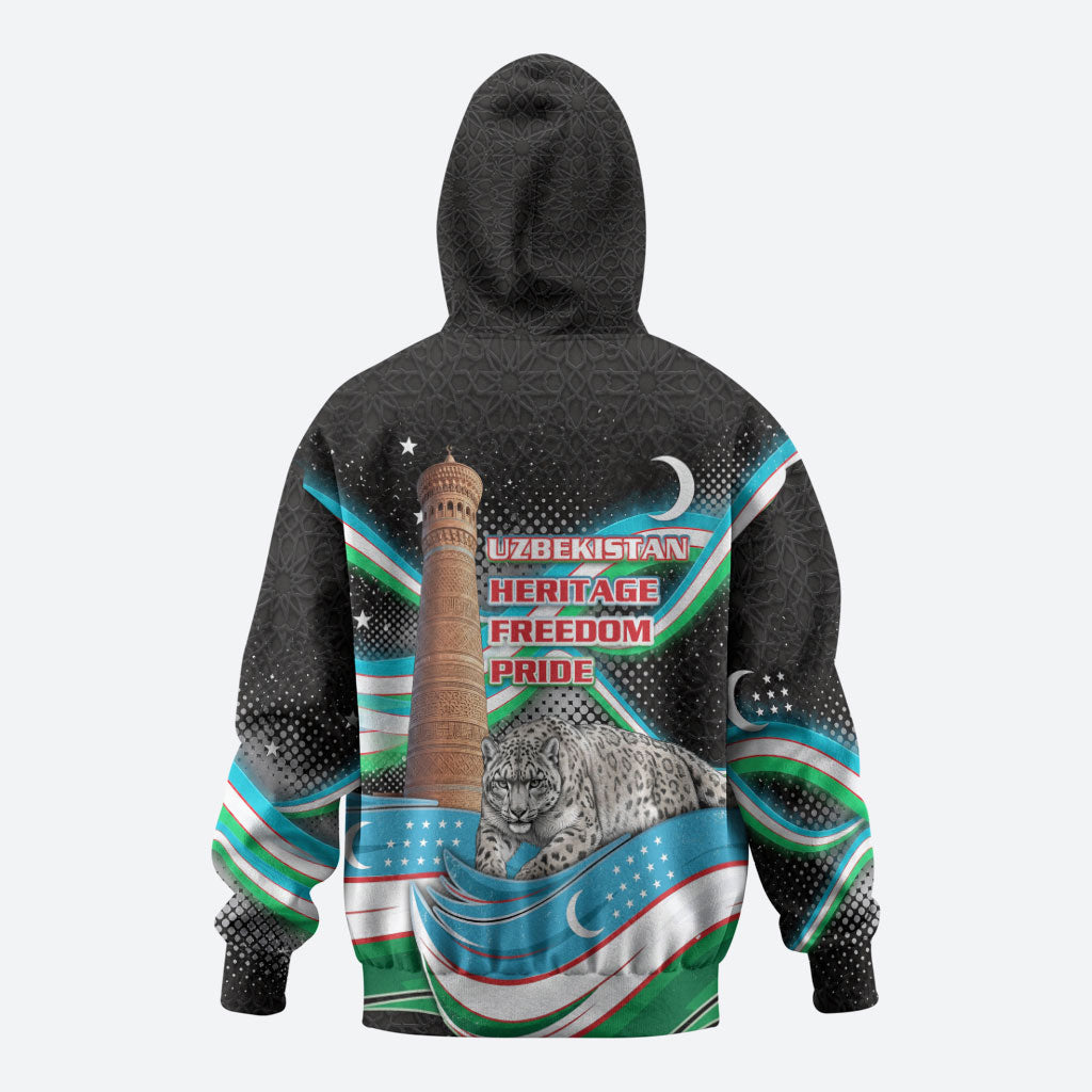 Uzbekistan Independence Day Hoodie Freedom Snow Leopard Minaret Architecture Flag