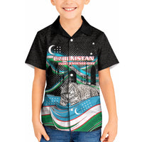 Uzbekistan Independence Day Kid Hawaiian Shirt Freedom Snow Leopard Minaret Architecture Flag
